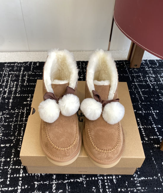 UGG Bowknot Pom Pom Ankle Boots Warm Lined Anti-slip Sole