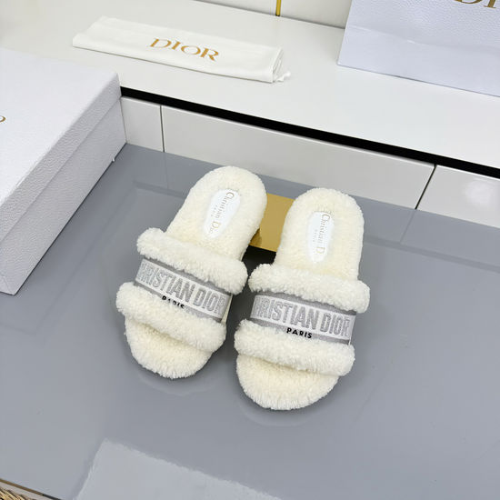 Christian Dior Warm Wool Slippers with Embroidery Soft Leather Insole