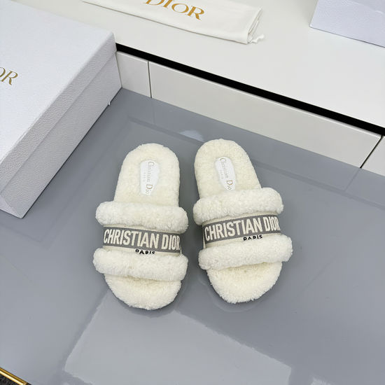 Christian Dior Warm Wool Slippers with Embroidery Soft Leather Insole