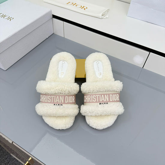 Christian Dior Warm Wool Slippers with Embroidery Soft Leather Insole