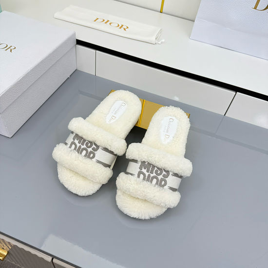Christian Dior Warm Wool Slippers with Embroidery Soft Leather Insole
