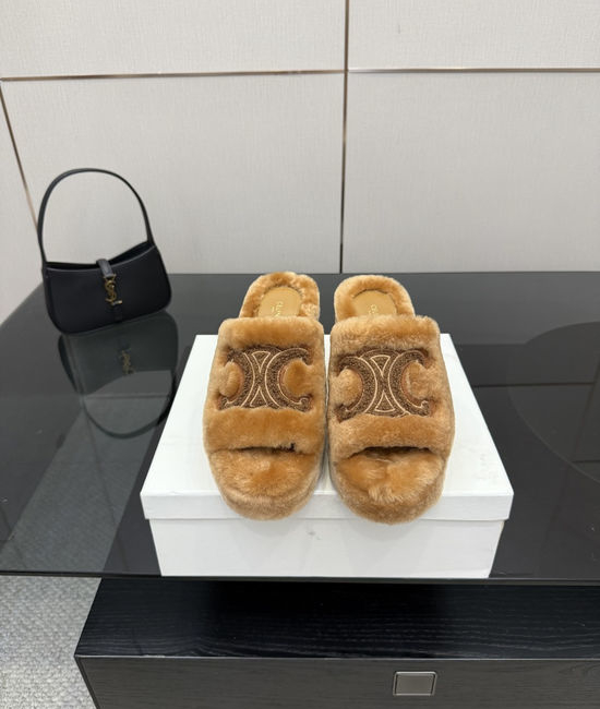 Celine Emblem Platform High Heel Furry Slippers Soft Warm Non Slip
