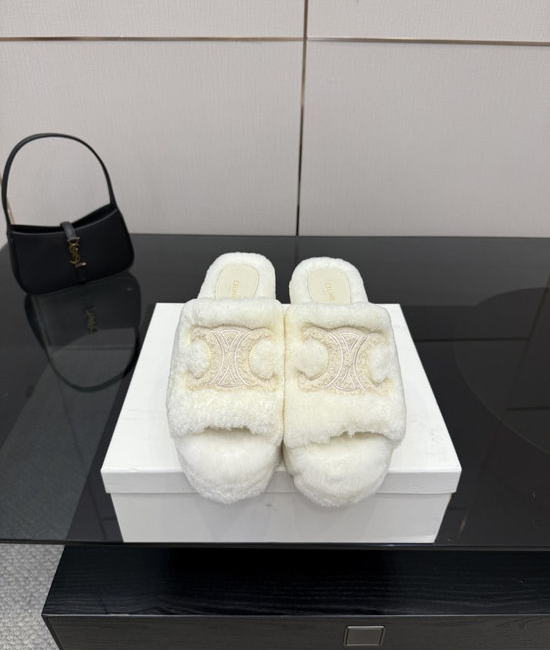 Celine Emblem Platform High Heel Furry Slippers Soft Warm Non Slip
