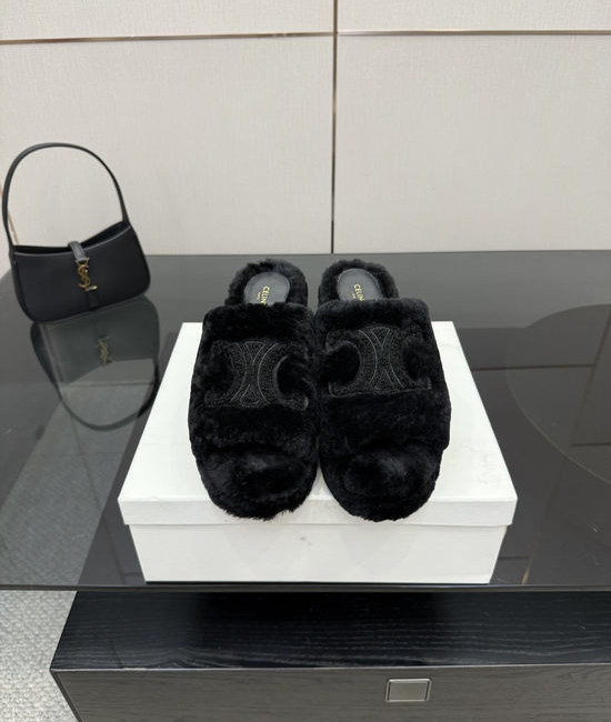 Celine Emblem Platform High Heel Furry Slippers Soft Warm Non Slip