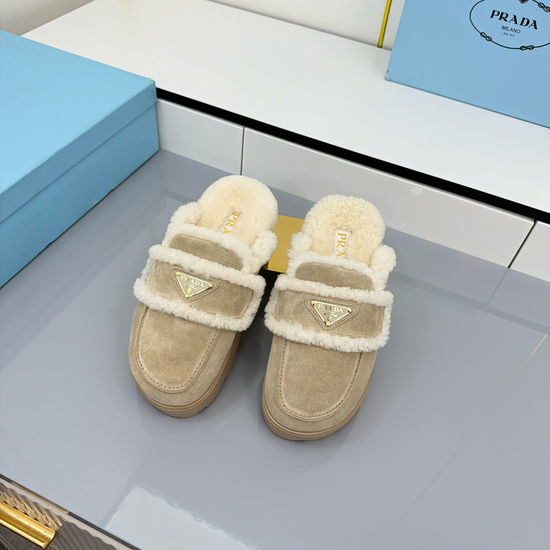 Prada Fluffy Fleece Lined Platform Mules with Suede Upper