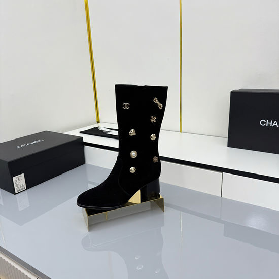 Chanel Chunky Heel Mid Calf Boots with Leather Upper