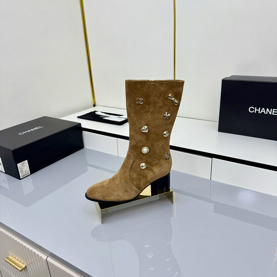 Chanel Chunky Heel Mid Calf Boots with Leather Upper