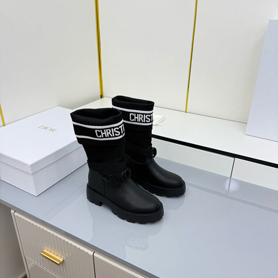 Christian Dior Genuine Leather Mid Calf Boots With Logo Webbing Detail