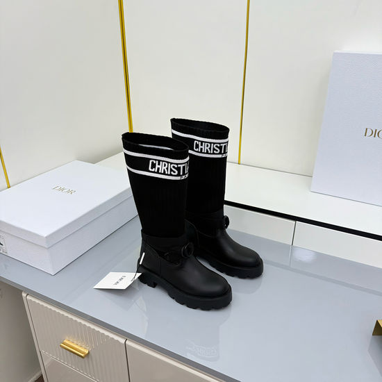 Christian Dior Genuine Leather Mid Calf Boots With Logo Webbing Detail