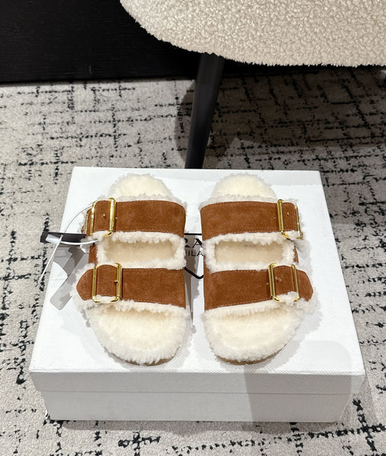 Prada Dual Strap Suede Fleece Lined Slippers