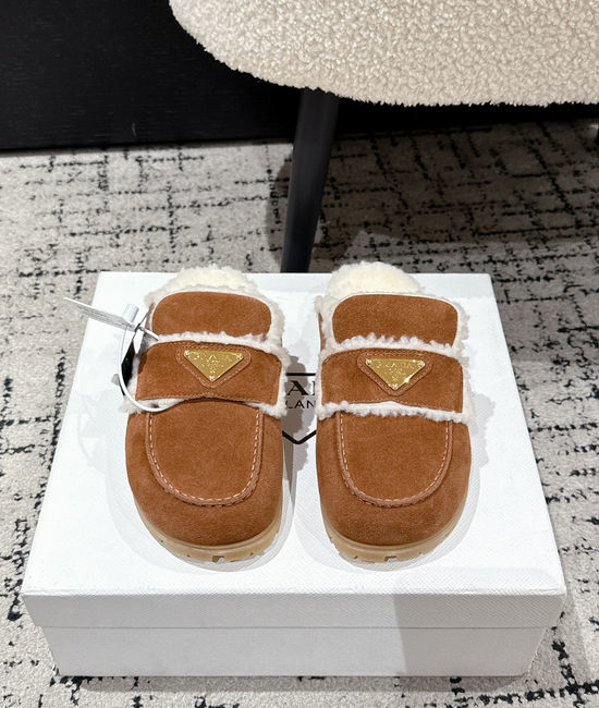 Prada Closed Toe Suede Fleece Lined Slippers