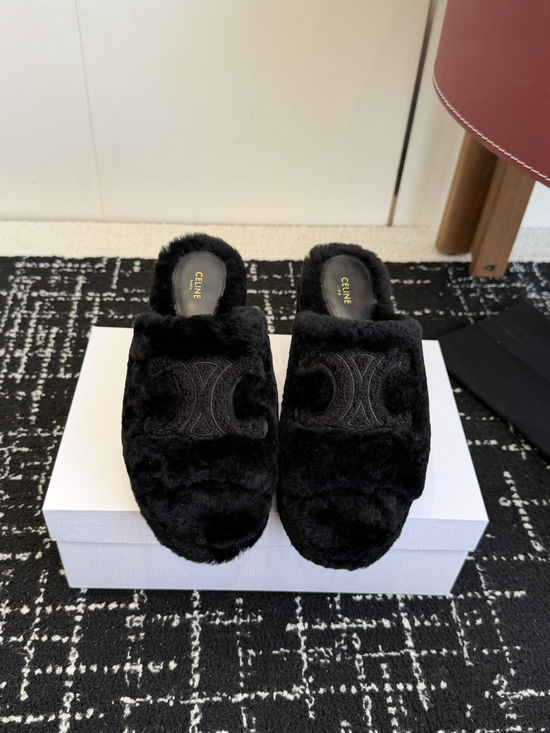 Celine Fuzzy Platform High Heel Slippers with Embellished Upper