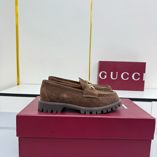 Gucci Suede Loafers with Metal Buckle and Non-slip Sole