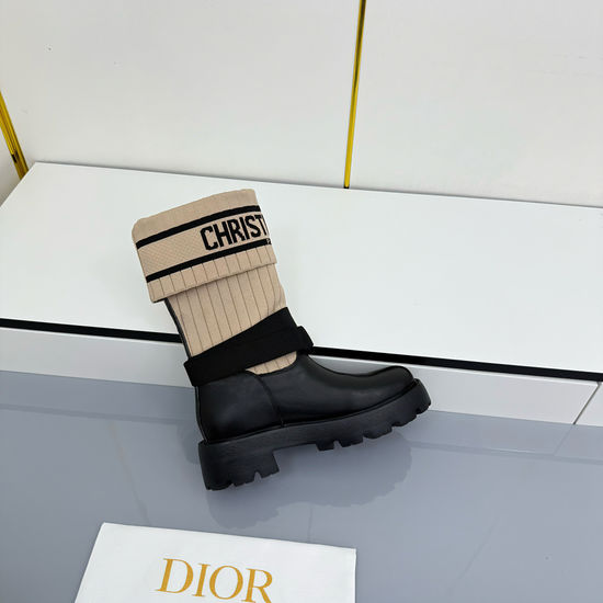 Christian Dior Genuine Leather Mid Calf Boots With Logo Webbing Detail
