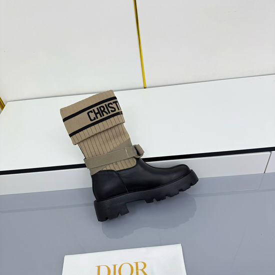 Christian Dior Genuine Leather Mid Calf Boots With Logo Webbing Detail