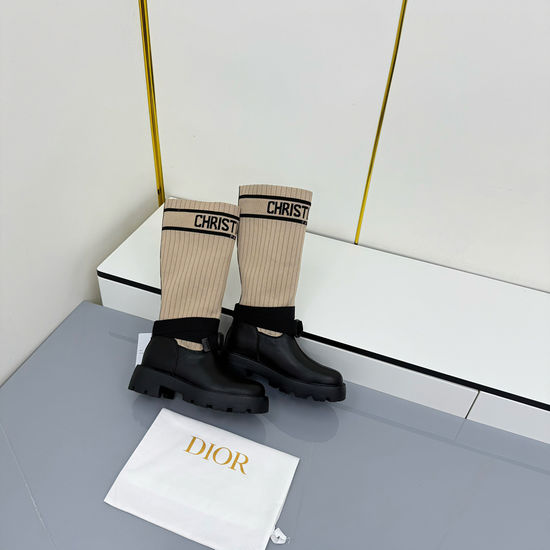 Christian Dior Genuine Leather Mid Calf Boots With Logo Webbing Detail