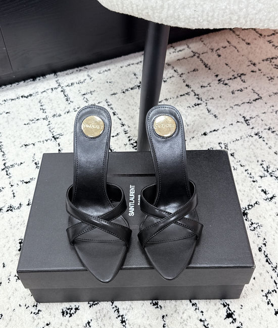 Yves Saint Laurent YSL Cross Strap Logo Detail Stiletto Heel Slide Shoes