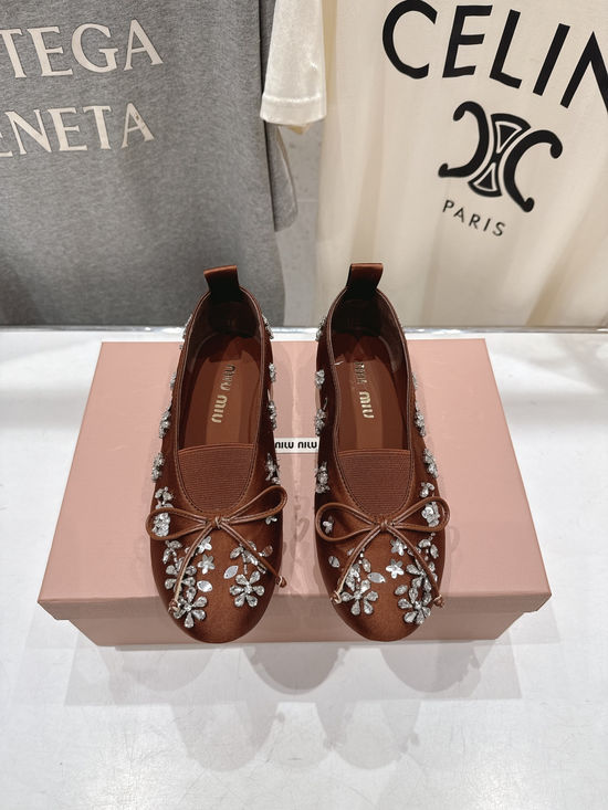 Miu Miu Bow Embellished Ballet Flats Soft Sole Comfortable Casual Shoes