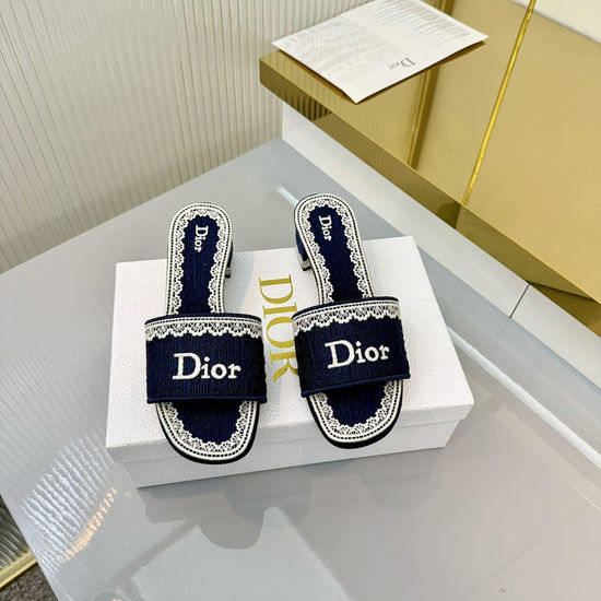 Christian Dior CD Elegant Embossed Lace Mid-heel Slide Slippers with Soft Sole