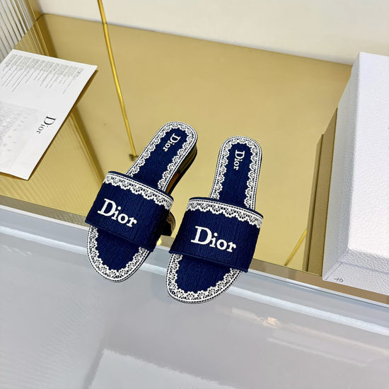 Christian Dior CD Elegant Embossed Lace Mid-heel Slide Slippers with Soft Sole