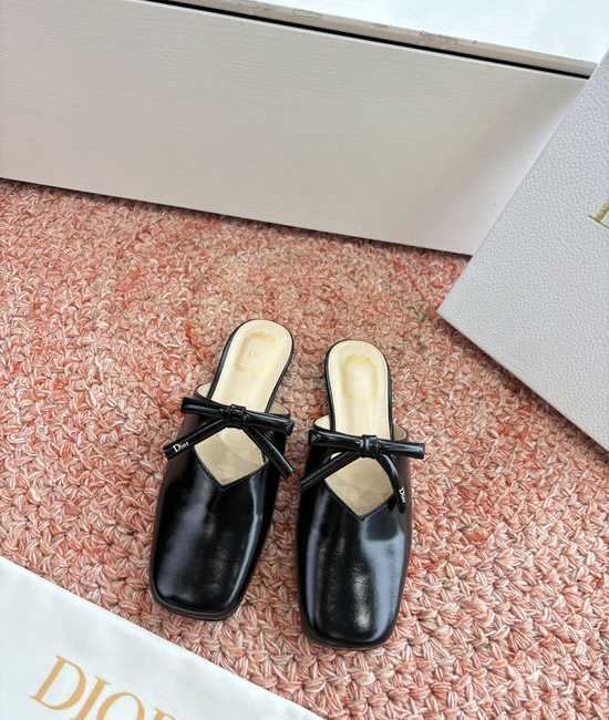 Christian Dior CD Cowhide Bow Decor Flat Slippers Leather Sole