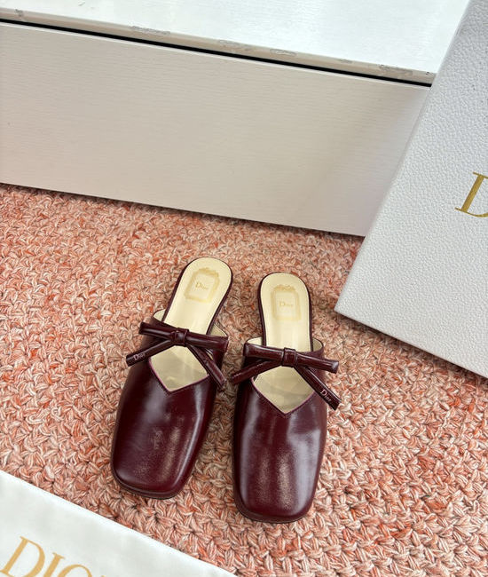 Christian Dior CD Cowhide Bow Decor Flat Slippers Leather Sole