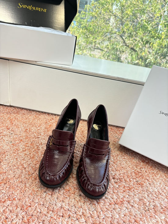 Yves Saint Laurent Small Logo Leather Block Heel Loafer Shoes