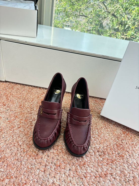 Yves Saint Laurent Small Logo Leather Block Heel Loafer Shoes