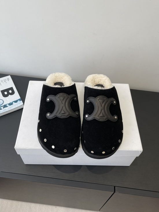 Celine Wool Lined Suede Clogs Soft Non Slip Rubber Sole