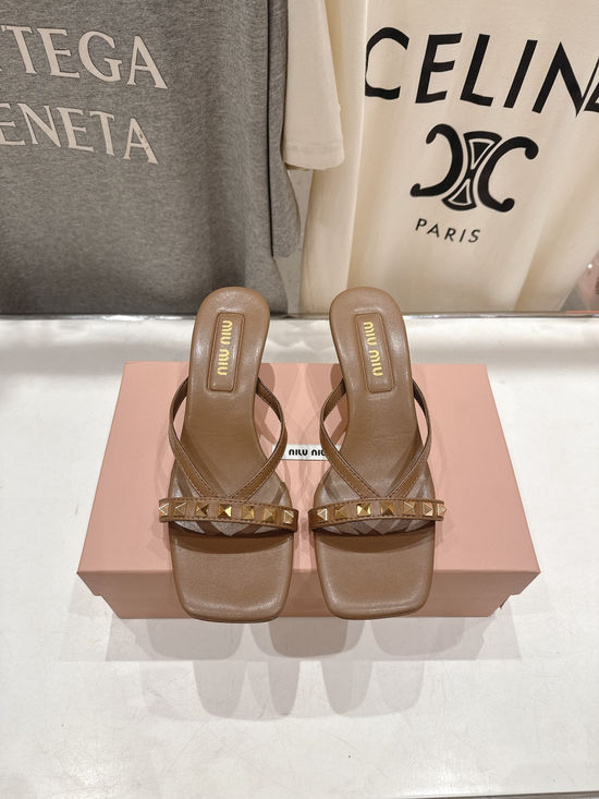 Miu Miu Studded Backless Block Heel Slip On Mules