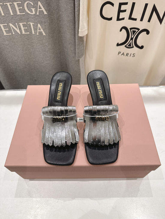 Miu Miu Fringe High Heel Sandals With Genuine Leather Outsole
