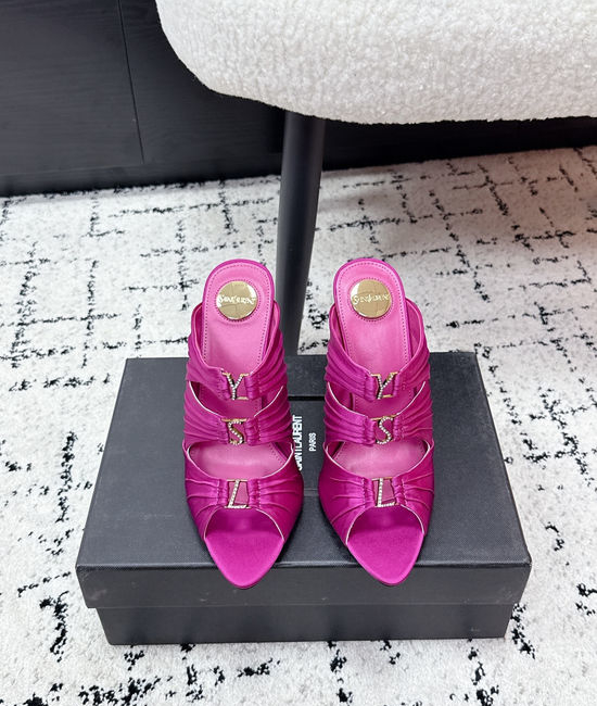 Yves Saint Laurent YSL Silk Rhinestone Buckle Heeled Mules Elegant Footwear