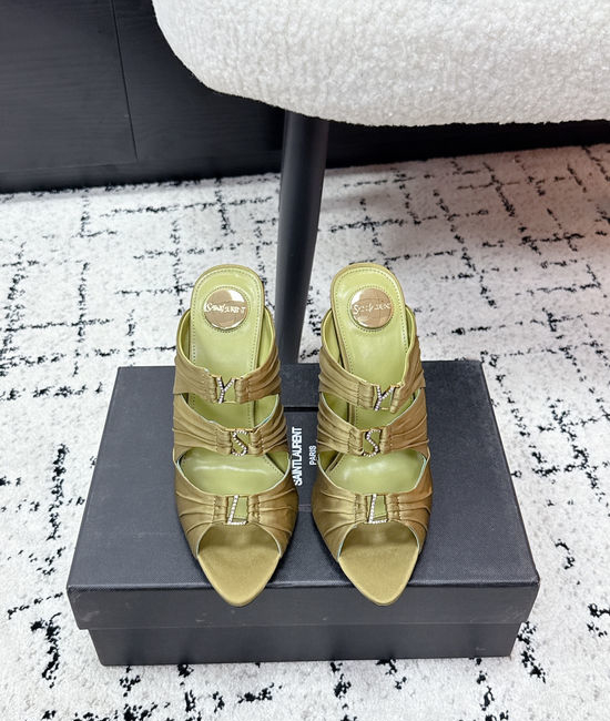 Yves Saint Laurent YSL Silk Rhinestone Buckle Heeled Mules Elegant Footwear