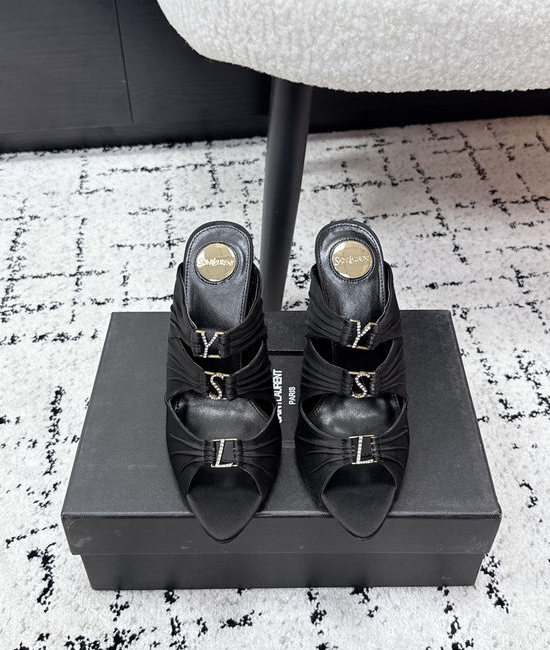 Yves Saint Laurent YSL Silk Rhinestone Buckle Heeled Mules Elegant Footwear