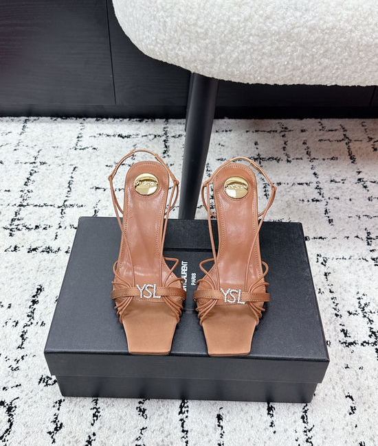Yves Saint Laurent YSL Cross Strap High Heel Sandals with Smooth Glossy Finish