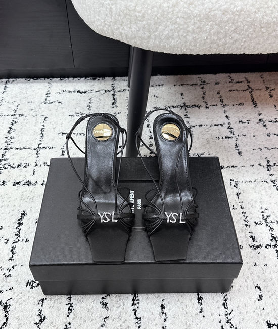 Yves Saint Laurent YSL Cross Strap High Heel Sandals with Smooth Glossy Finish