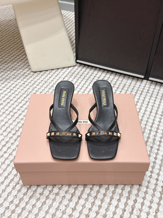 Miu Miu Studded Square Toe Slip-on Summer Slides