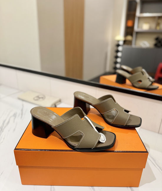 Hermes 7cm Heel Epsom Leather Slides Genuine Leather Sole Shoes