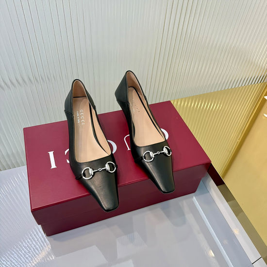 Gucci Block Heel Leather Shoes Square Toe Metal Accent