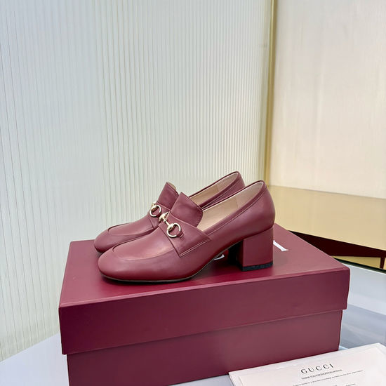 Gucci Shiny Leather Mid-heel Loafers with Decorative Buckle