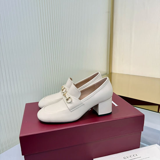 Gucci Shiny Leather Mid-heel Loafers with Decorative Buckle