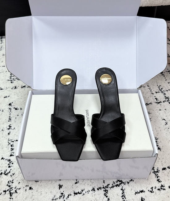 Yves Saint Laurent YSL Satin Cross Strap High Heel Mule Slides