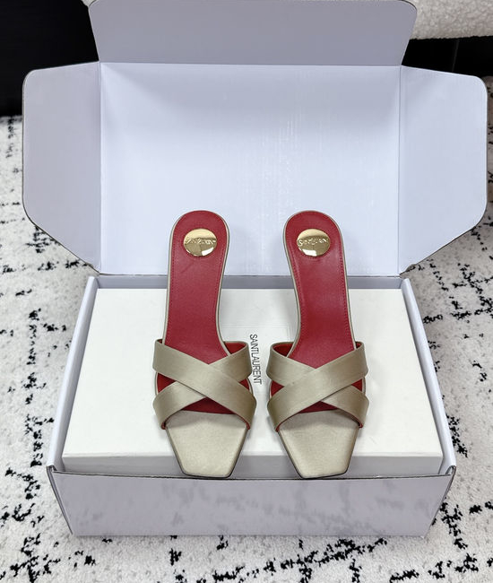 Yves Saint Laurent YSL Satin Cross Strap High Heel Mule Slides