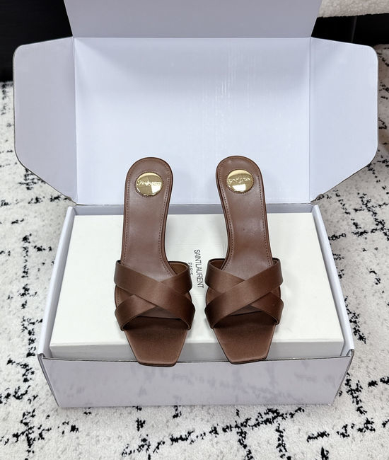 Yves Saint Laurent YSL Satin Cross Strap High Heel Mule Slides