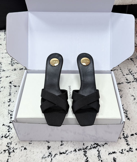 Yves Saint Laurent YSL Satin Cross Strap High Heel Mule Slides