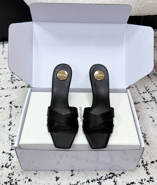 Yves Saint Laurent YSL Satin Cross Strap High Heel Mule Slides