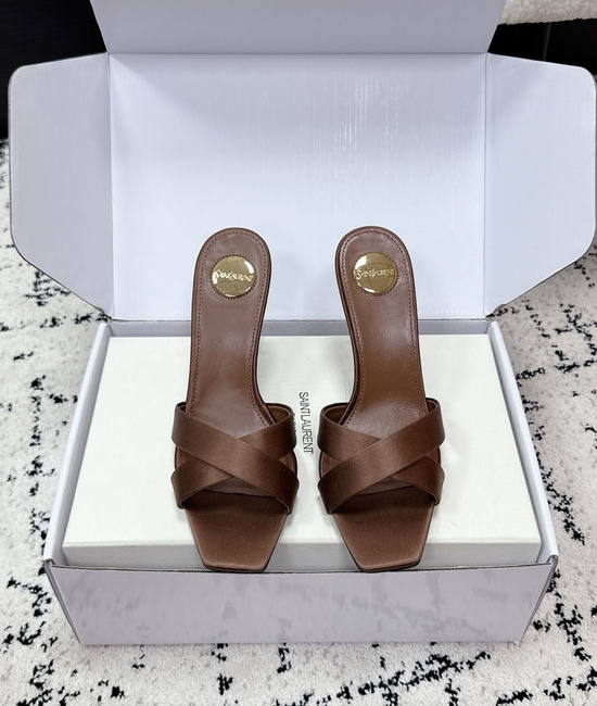 Yves Saint Laurent YSL Satin Cross Strap High Heel Mule Slides