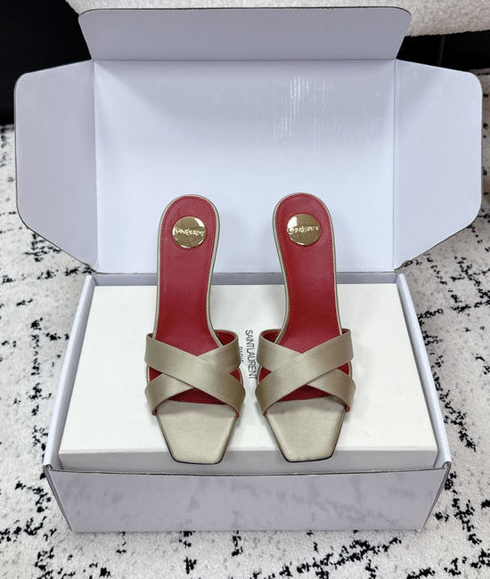 Yves Saint Laurent YSL Satin Cross Strap High Heel Mule Slides