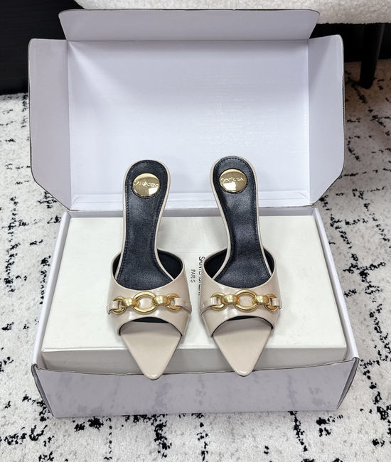 Yves Saint Laurent YSL Pointed Toe Chain Stiletto Heel Slides