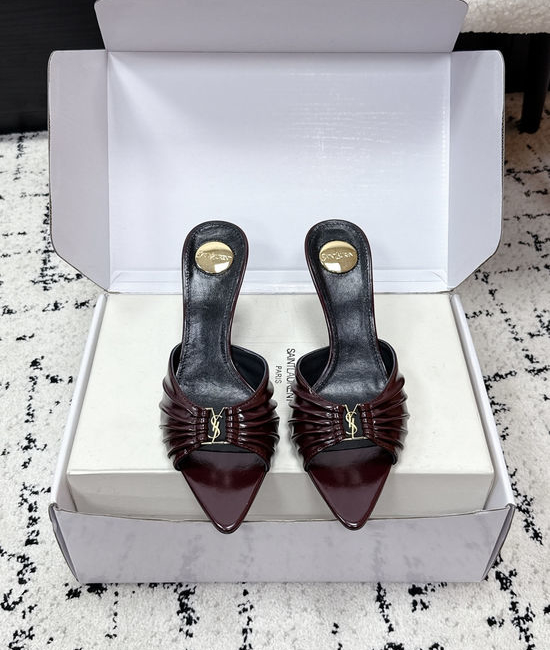 Yves Saint Laurent YSL Ruched Pointed Toe Stiletto Heel Mules Premium Leather